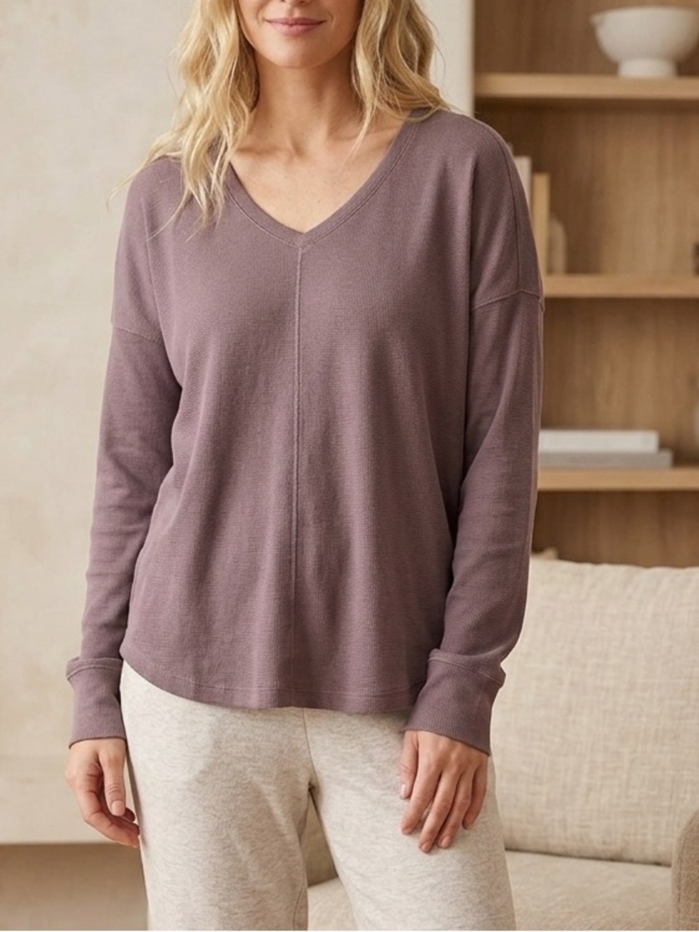 Bobi Los Angeles V-Neck Thermal Waffle Knit Top Purple Grey Long Sleeve L